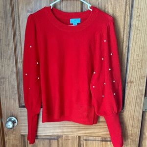 CeCe Vibrant Red Sweater with Pearl Details